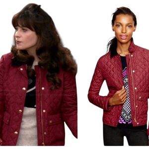 J Crew Down Quilted Corduroy Collar Barn Tack Jacket Crimson ASO New Girl Sz S